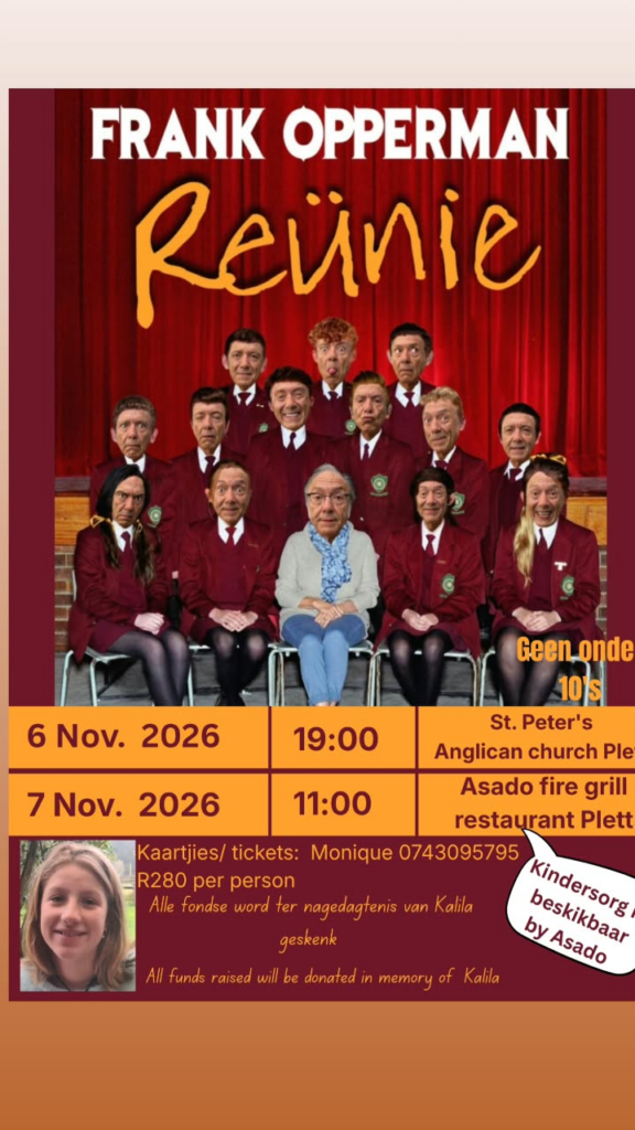 Promotional poster for Frank Opperman’s Reünie showing a group of characters in school uniforms seated and standing against a red theatre curtain, with event dates and ticket information.