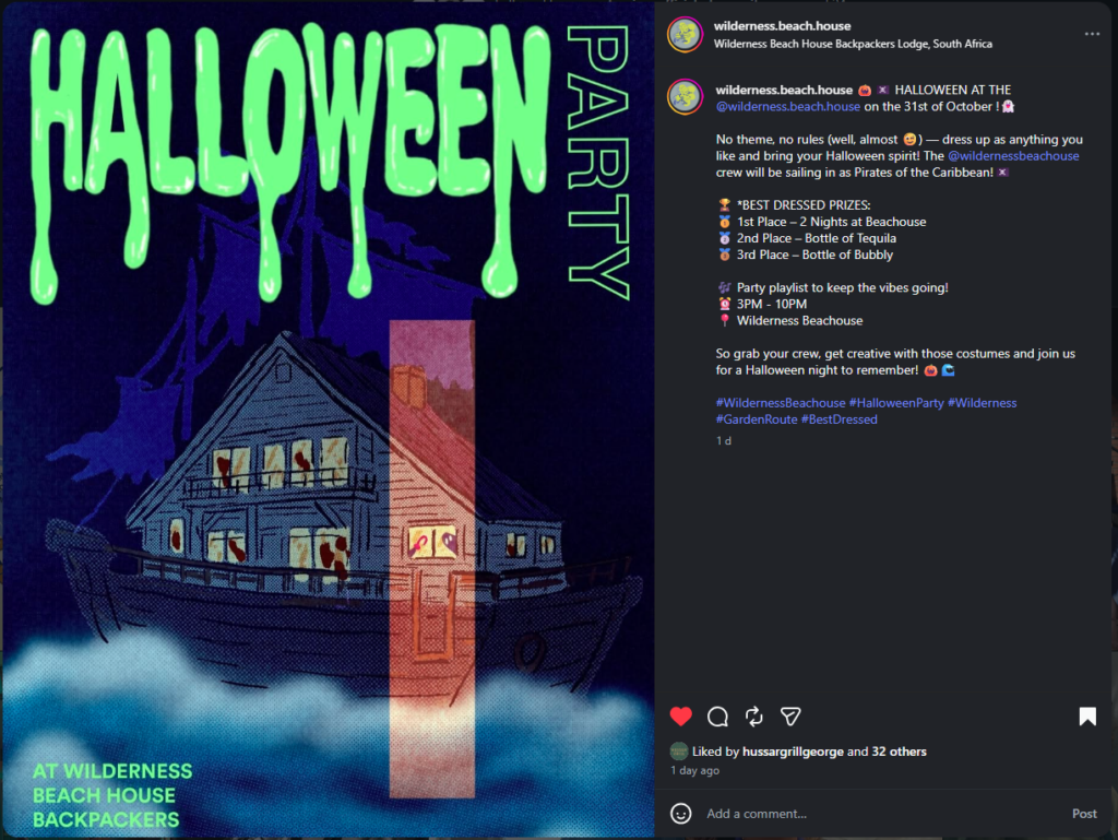 Illustrated Halloween poster showing a haunted house designed as a boat beneath a large dripping green Halloween title, with Wilderness Beach House Backpackers named at the bottom.