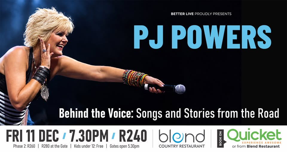 PJ Powers singing into a microphone, with the event title Behind the Voice: Songs and Stories from the Road and ticket information for Blend Country Restaurant.