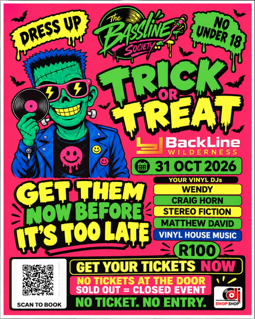 Bright pink Halloween poster featuring a green vinyl-playing character, bats, the Bassline Society logo, the words Trick or Treat, Backline Wilderness, the date 31 October 2026, a DJ line-up and ticket information.