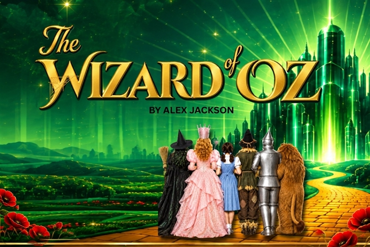 Poster showing the gold title “The Wizard of Oz” over a glowing green Emerald City and Yellow Brick Road, with Dorothy and other characters viewed from behind.